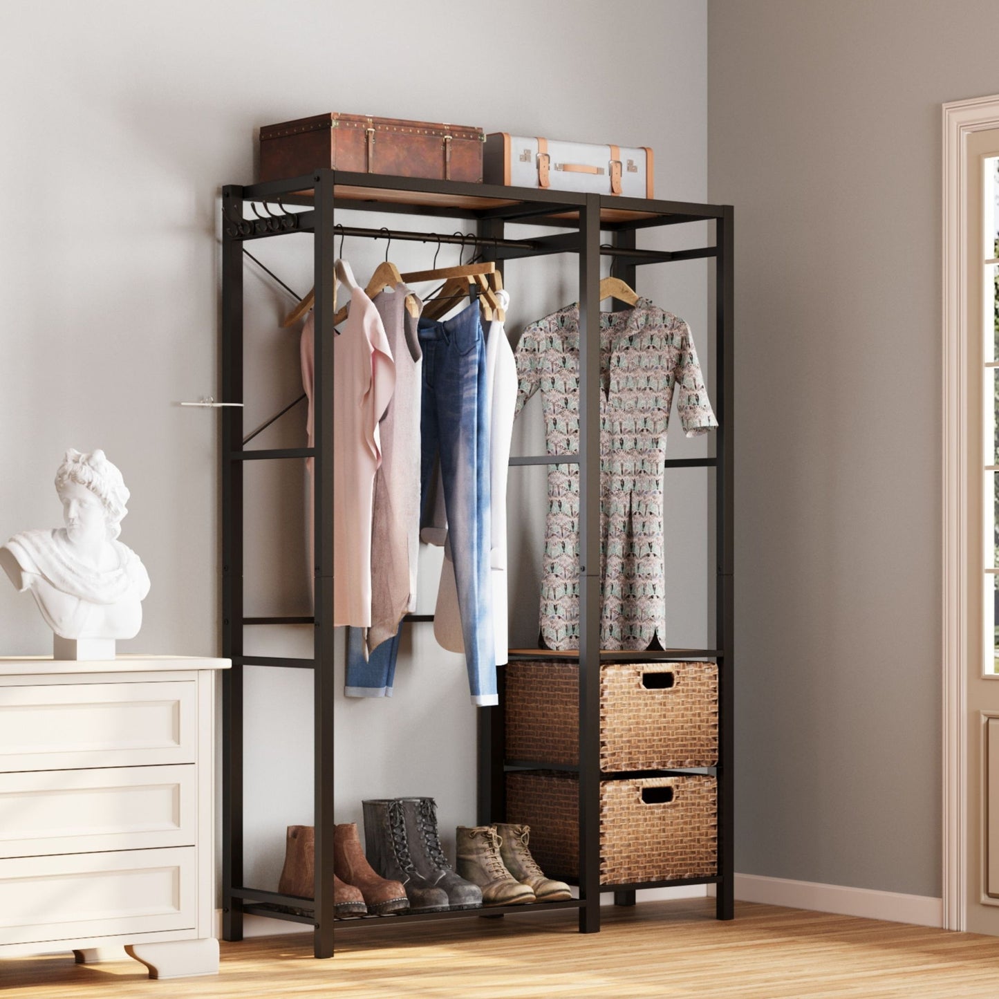 Garment Rack With Shelves, 2 Wicker Drawers, 4 Hooks, Organizer