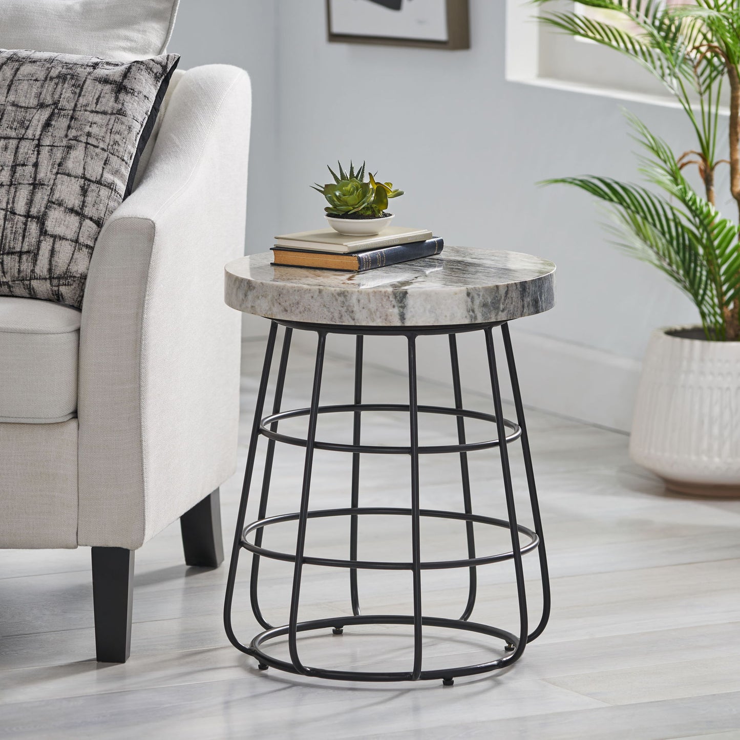 Side Table With Marble Top And Iron Base - Black / White