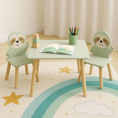 Sloth Themed Table And Chair Set With 2 Cute Animal Chairs - Natural Wood / Sage Green