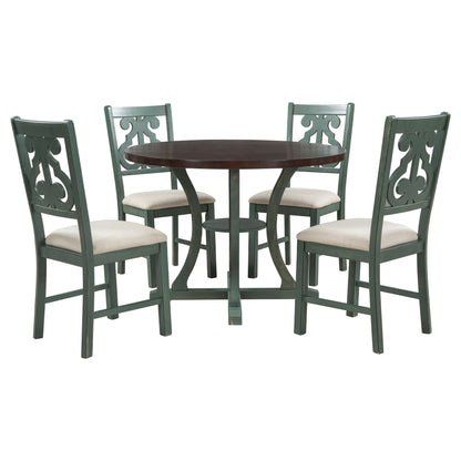 5 Piece Round Dining Table And Chair Set With Unique Legs And Hollow Chair Back