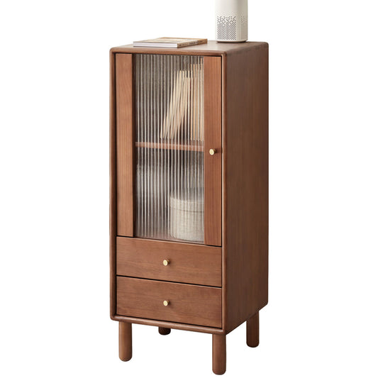 Free-Standing Corner Cabinets Storage Table With Vintage Glass Door, 2 Shelves, 2 Drawers And Brass Handle - Walnut