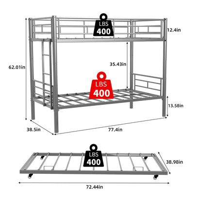 Metal Bunk Bed For Kids, Convertible Bedframe With Ladders & Guardrail