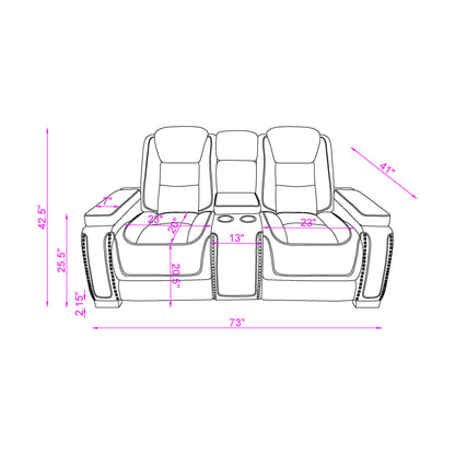 Power Console Loveseat With Power Headrest USB LED And Bookshelf Arms - Grey