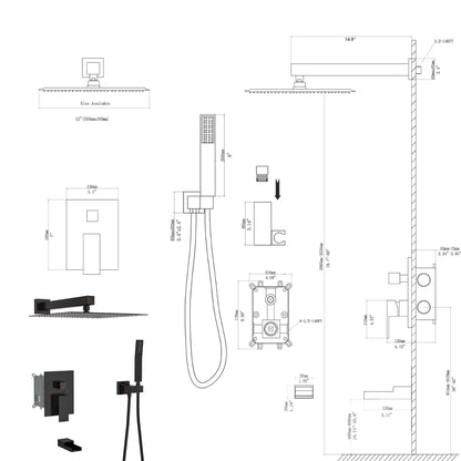 Wall Mounted Square Shower System With Waterfall Tub Spout And 12" Shower Head - Oil-Rubbed Bronze