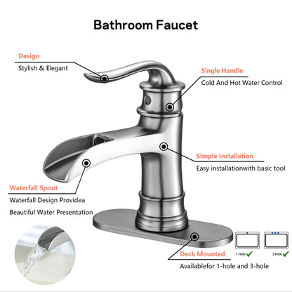 Waterfall Spout Bathroom Faucet With Single Handle And Pop Up Drain - Brushed Nickel