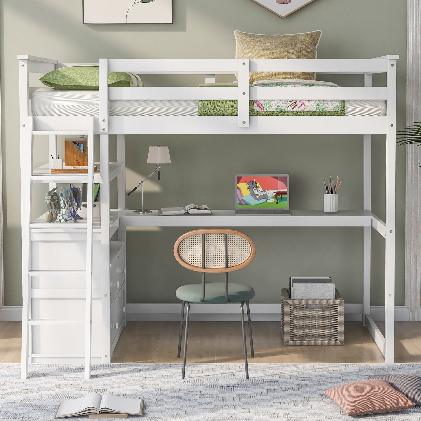 Modern Loft Bed With Built In Desk, Shelves, And 2 Drawers
