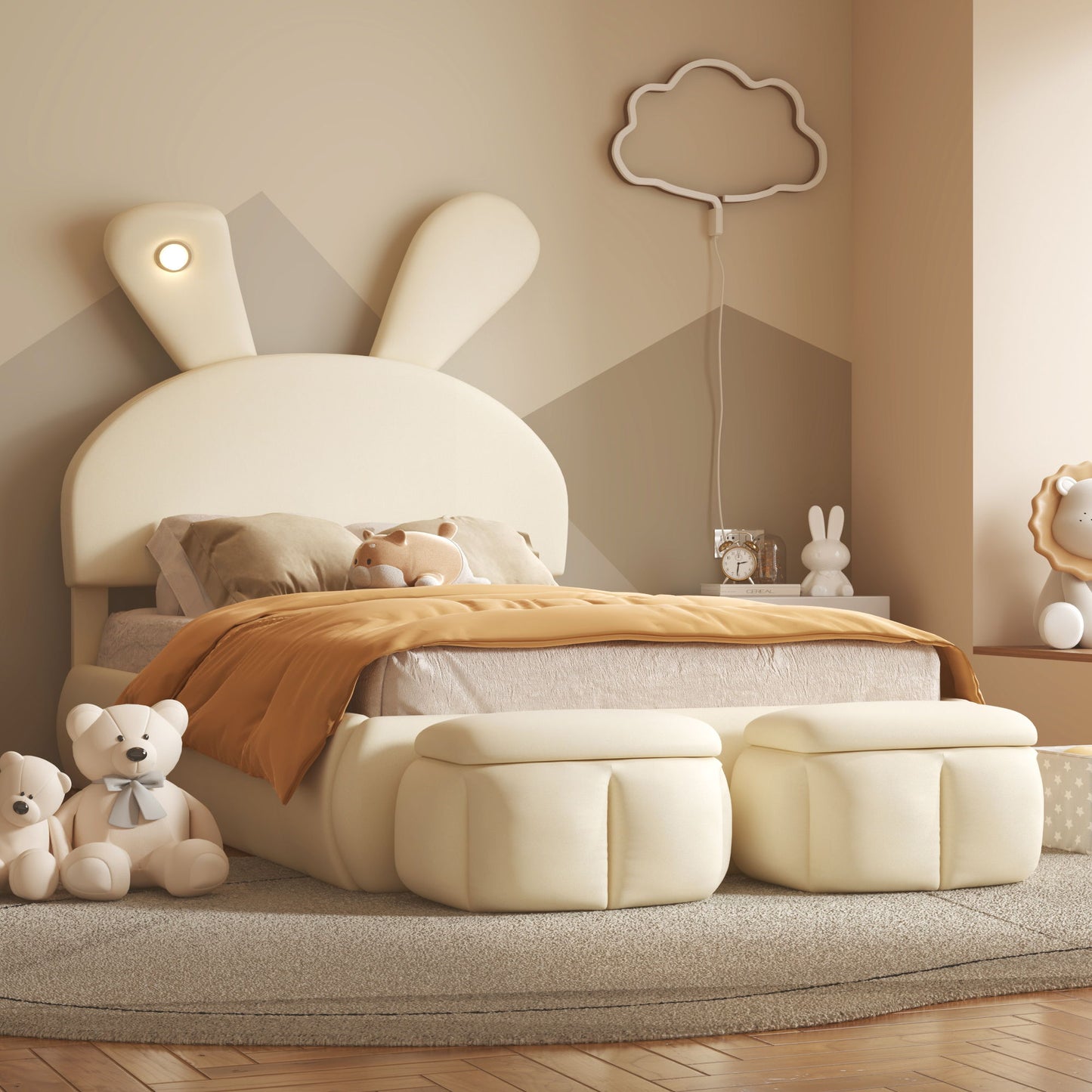 Upholstered Platform Bed With Cartoon Ears Shaped Headboard And LED Light
