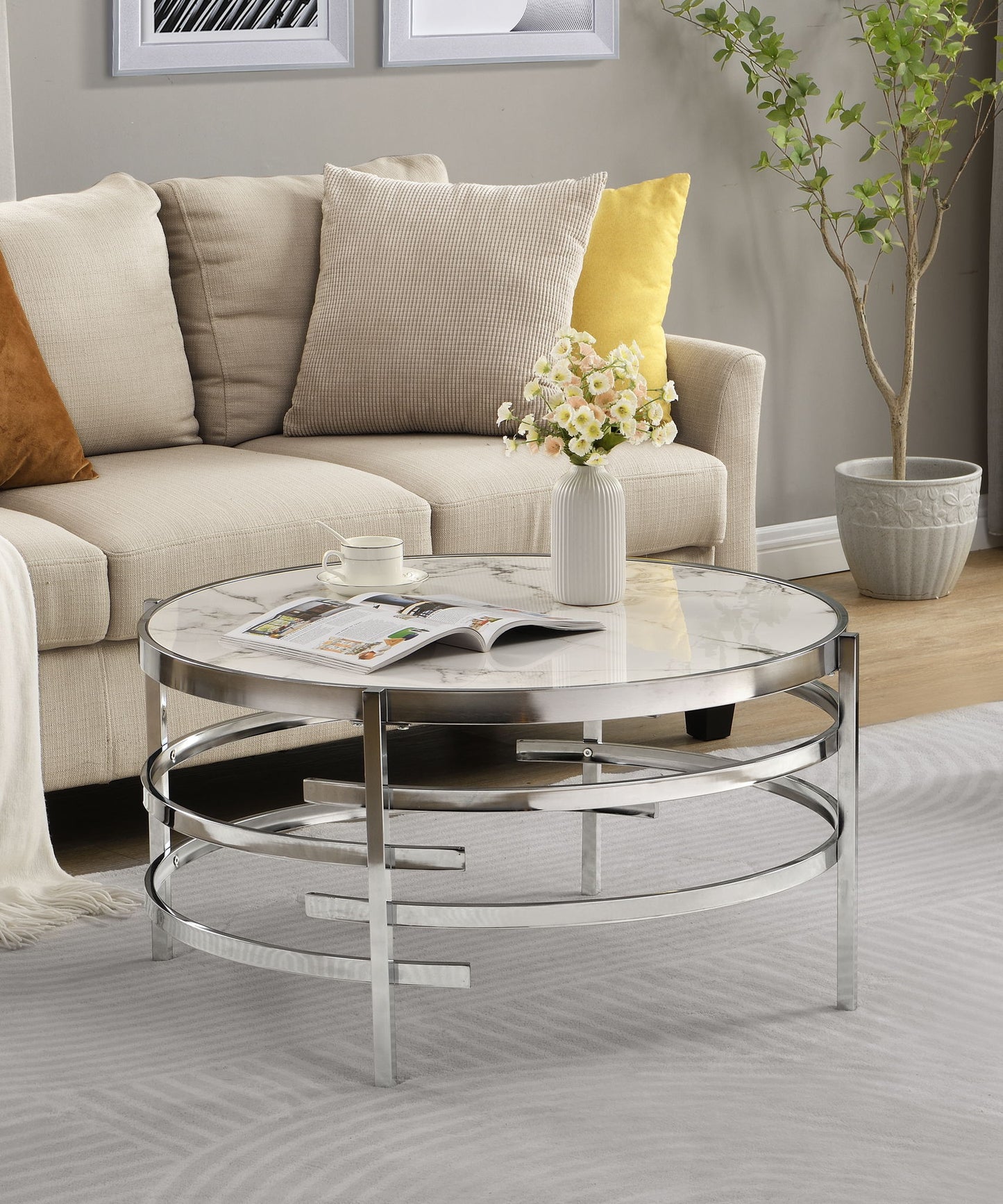 Elegant Round Table With Sintered Stone Top & Sturdy Metal Frame