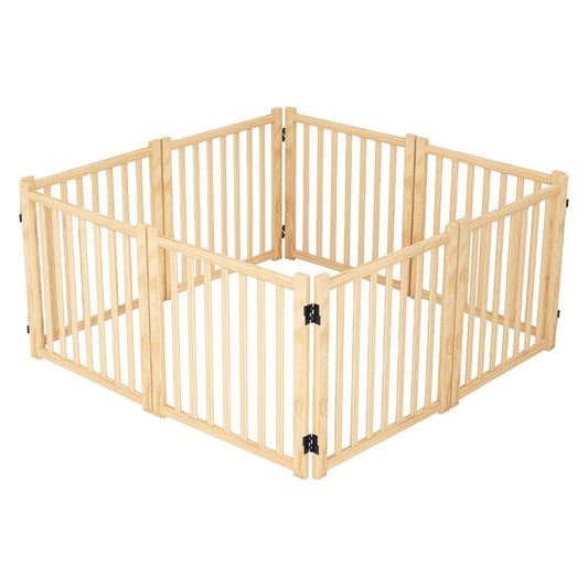 8 Panel Wooden Freestanding Dog Gate, Step Over Indoor Pet Fence For Doorways And Stairs - Natural Wood