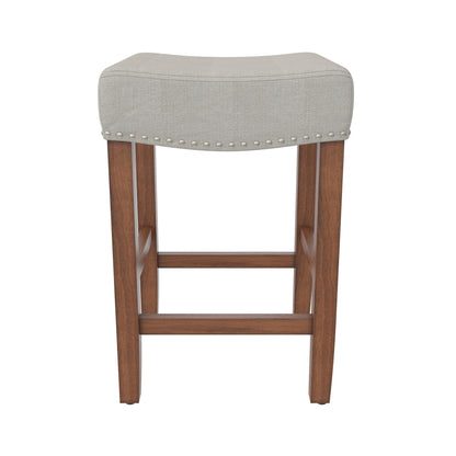 Upholstered Counter Height Bar Stool With Brass Nailhead Trim - Beige / Brown