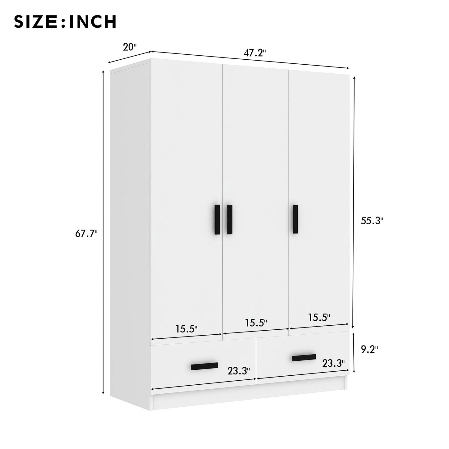 3 Door Wardrobe Closet With Storage Drawers, Shelves And Hanging Rod - White