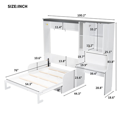 Multi Functional Murphy Bed With Sofa, Desk, And Storage Cabinet In, Full Size - White