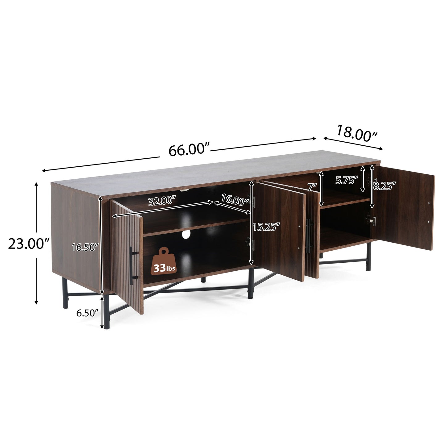 4 Door TV Cabinet, 2 Storage Spaces, Adjustable Shelves