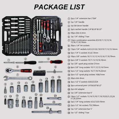 Tool Kit And Socket Wrench Set 216 Pieces Basic Portable Manual Repair Tool Set For Home Use Includes Case And Ratchet Wes And Wrenches - Black