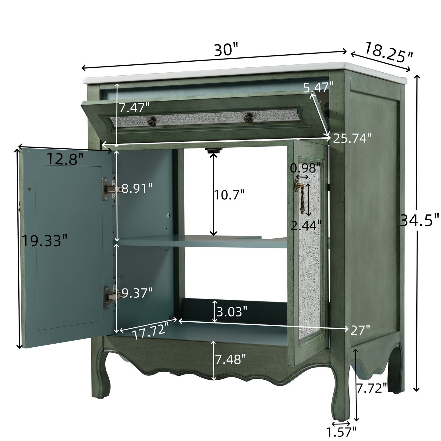 Bathroom Vanity With Rectangle Sink, Tip Out Tray - Antique Blue Green