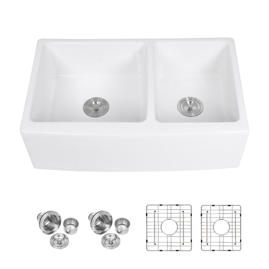 Sink 33" Double Bowl 60 / 40 Kitchen Sink With Deep Basin And Grids - White