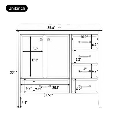 Elegant Vintage Bathroom Vanity With Sink And Soft Closing Door, 4 Drawers Of Different Sizes Frame