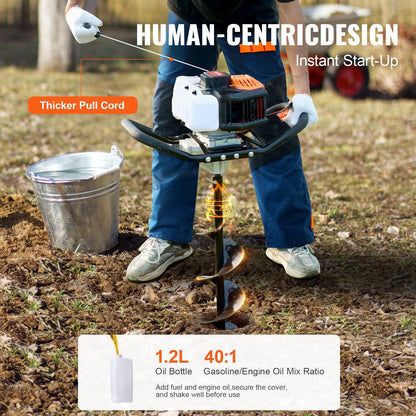 Vevor Gas Post Hole Digger 52Cc 1450W With 8 Drill Bits & Extension Rod Aluminium Alloy - Black