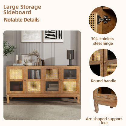 Retro Industrial 4 Door Sideboard With Large Storage, Rattan And Glass Doors