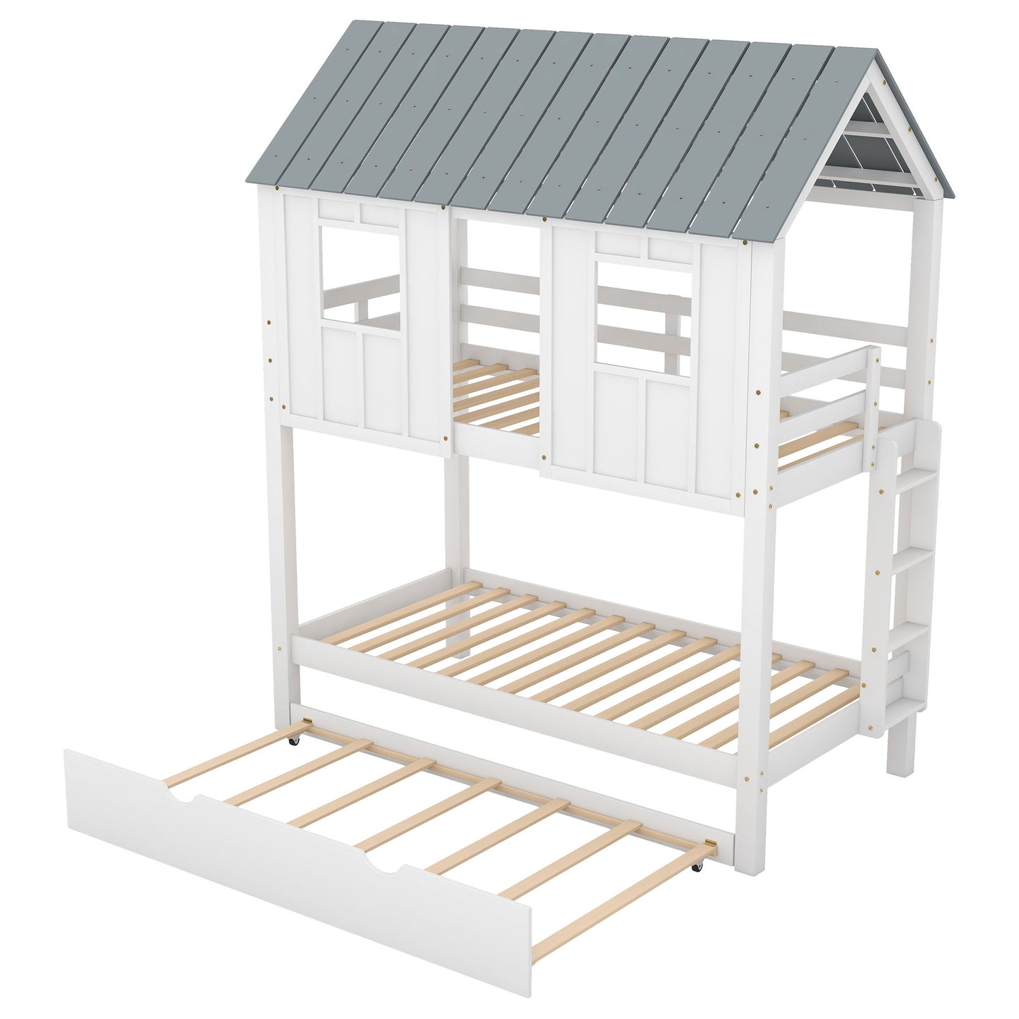 Twin Size House Bunk Bed With Trundle, Roof And Windows - White / Gray
