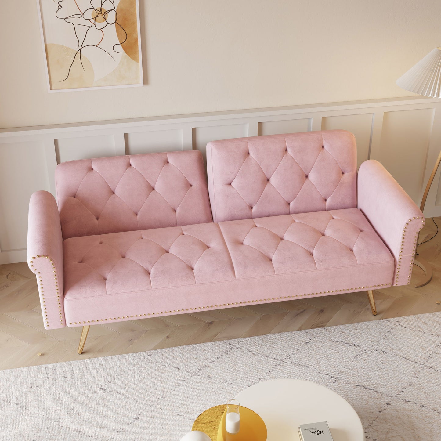Luxurious Velvet Sofa Bed With Nail Head Trim And Matching Pillow