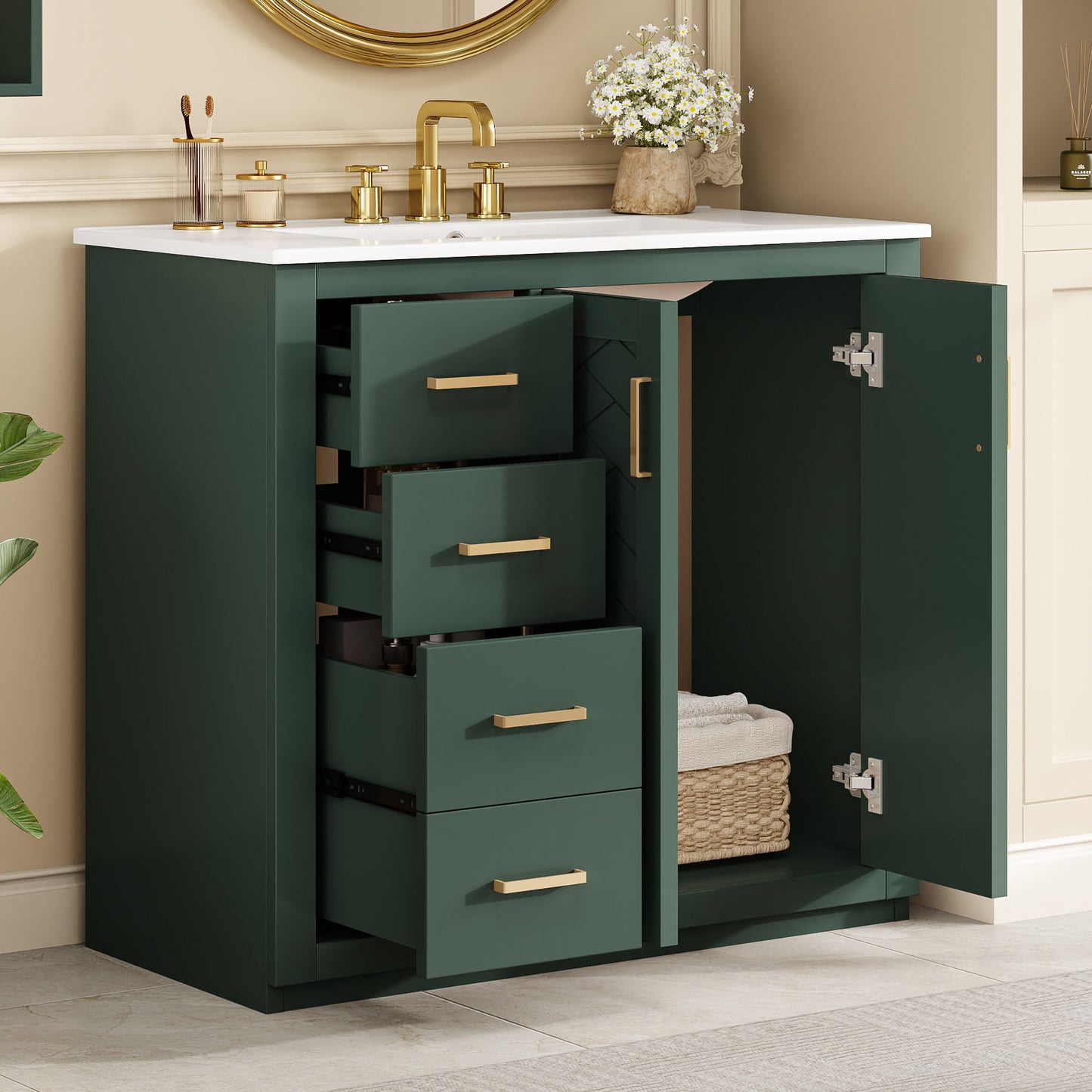 Bathroom Vanity With Sink, Storage Cabinet, Freestanding Set With 3 Drawers & Soft Closing Doors - Green